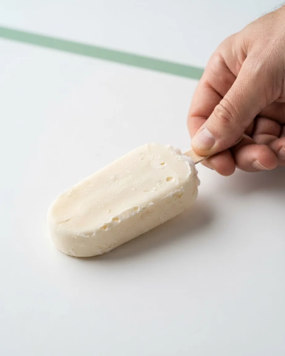 A hand holds the wooden stick of a pale vanilla ice cream bar resting on a white surface.