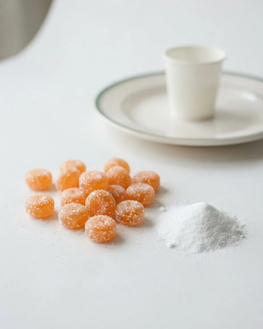 Orange sugar-coated round mints beside a mound of white powder, with a white cup and plate in the background.