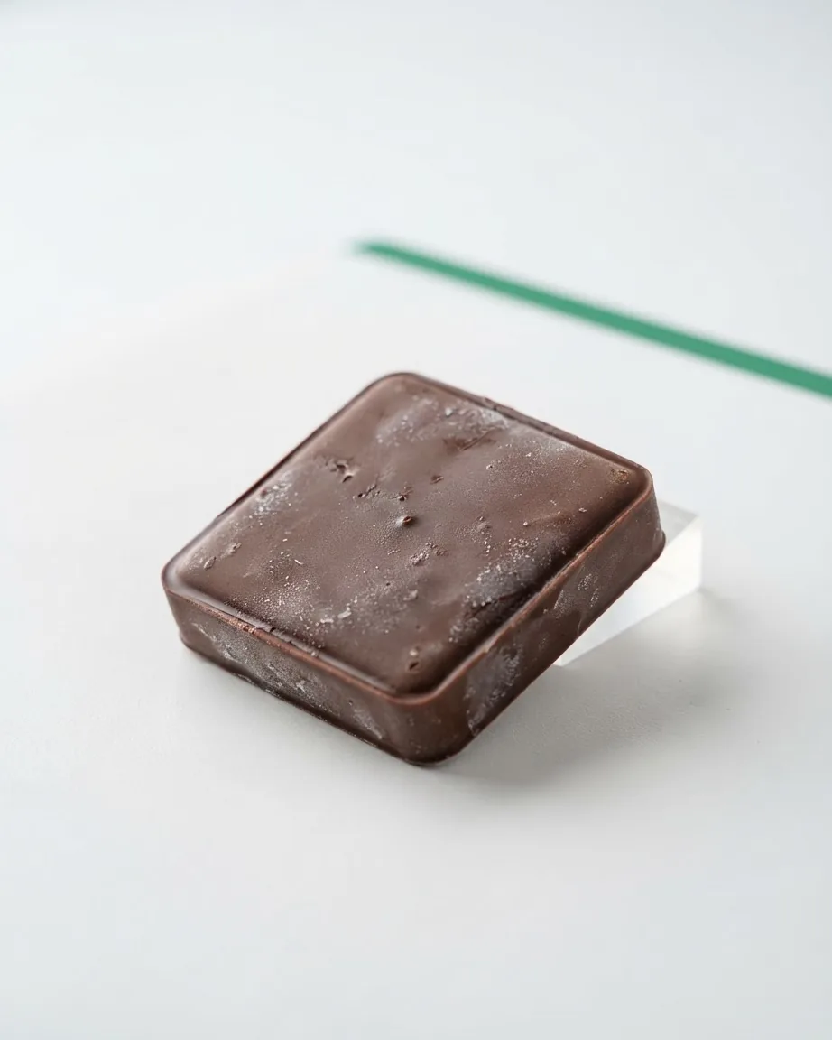 A single square chocolate-coated ice cream bar with a frosty surface resting on a white background.
