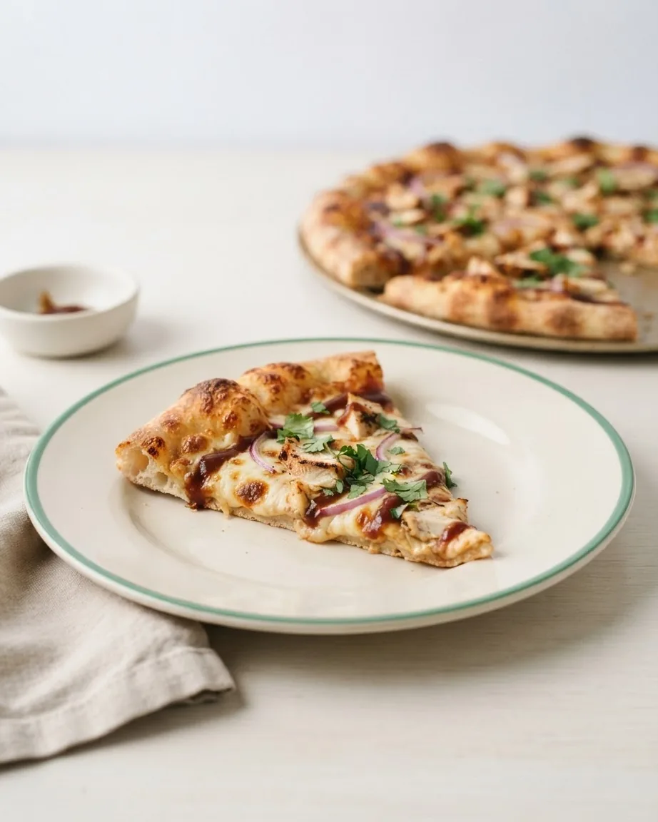 A slice of BBQ chicken pizza with cheese, red onion and herbs on a white plate, with the remaining pizza behind it.