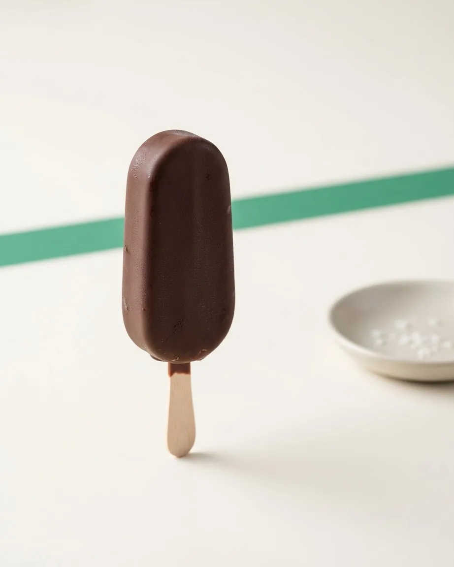 A chocolate-coated ice cream bar on a wooden stick stands upright beside a small white dish on a cream-colored surface.