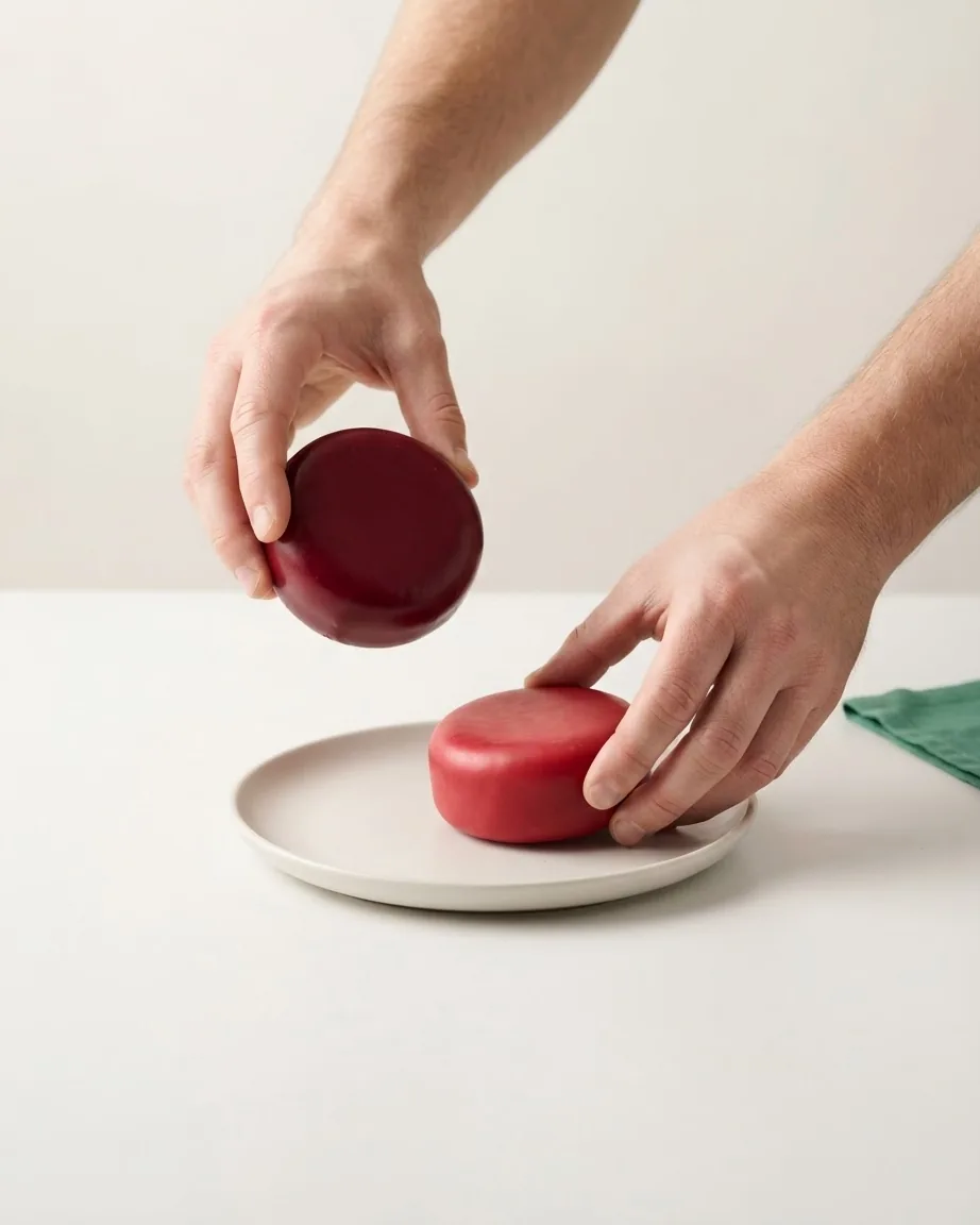 Two hands exchange round red wax-coated cheese wheels over a white plate on a light-colored table.