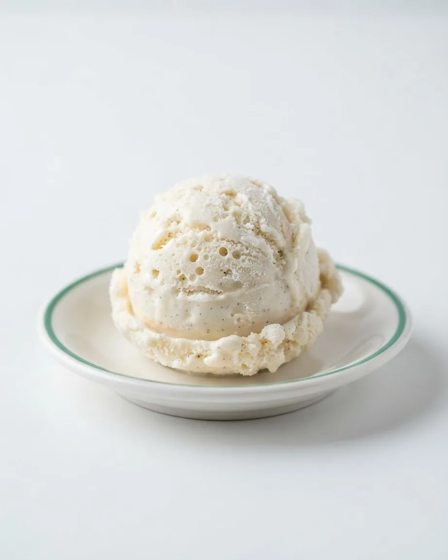 A single scoop of vanilla ice cream with porous frozen texture rests on a white saucer.