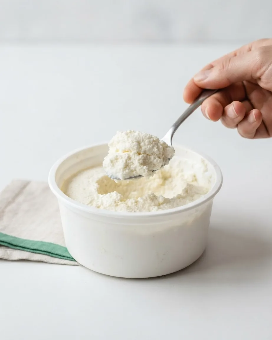 A hand spoons white ricotta cheese from a plain plastic tub on a light tabletop.