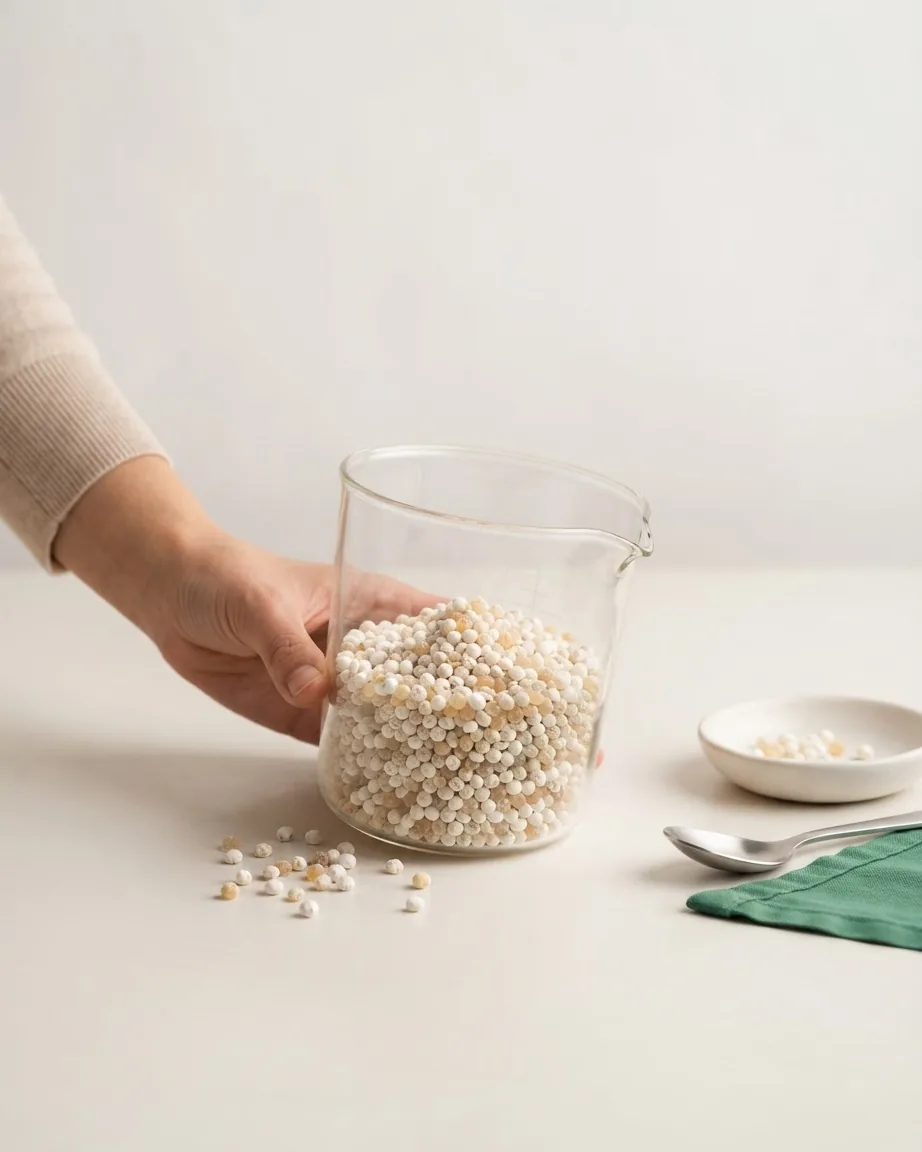 A hand holds a glass measuring cup filled with small white and beige dry pearls beside a spoon and bowl.