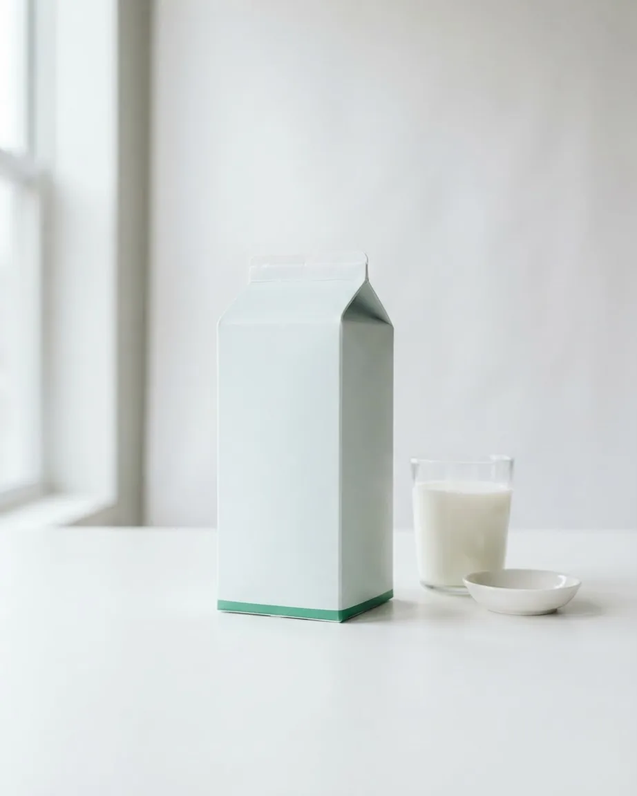 An unbranded pale milk carton stands beside a glass of milk and a small white dish on a white tabletop.