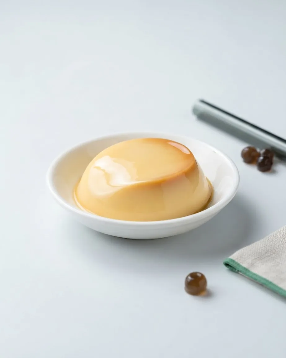 A glossy yellow egg pudding sits in a small white dish on a pale tabletop.