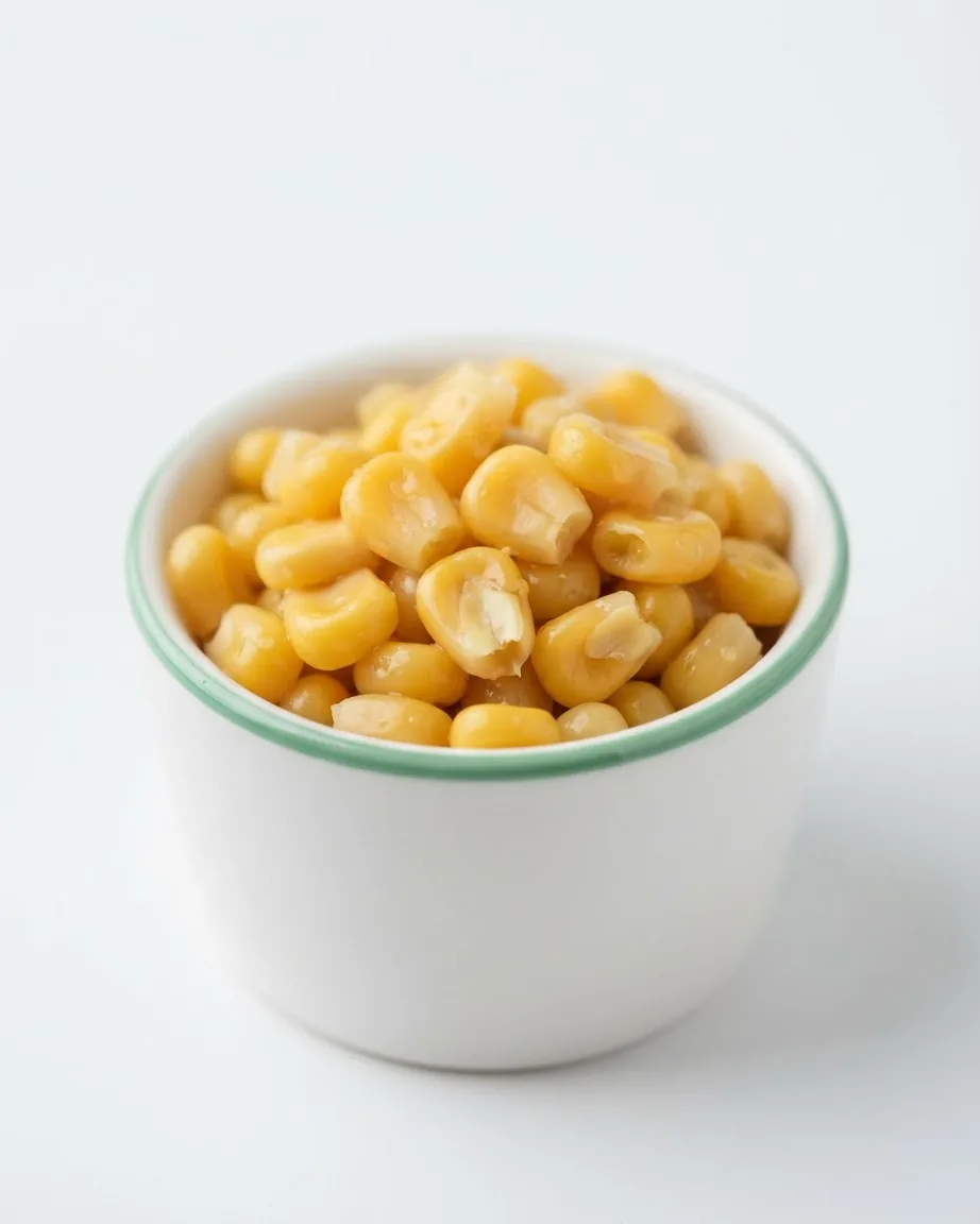 A small white ceramic bowl with a green rim filled with glossy yellow corn kernels on a plain white background.