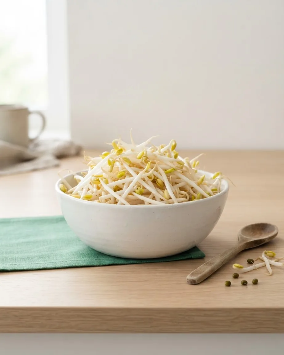 A white ceramic bowl piled with fresh mung bean sprouts on a green napkin beside a wooden spoon.