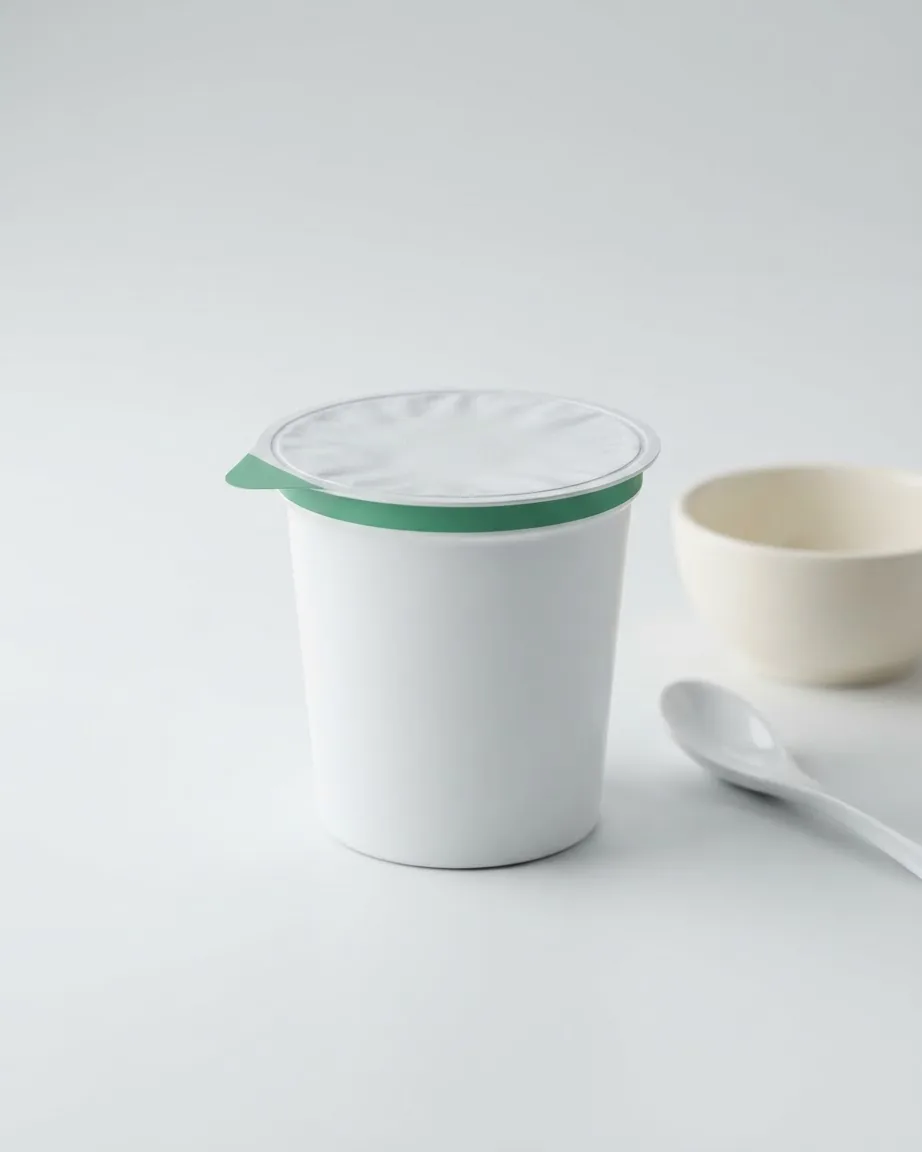 A plain white sealed yogurt cup with a green rim sits on a light surface beside a white spoon and a cream bowl.