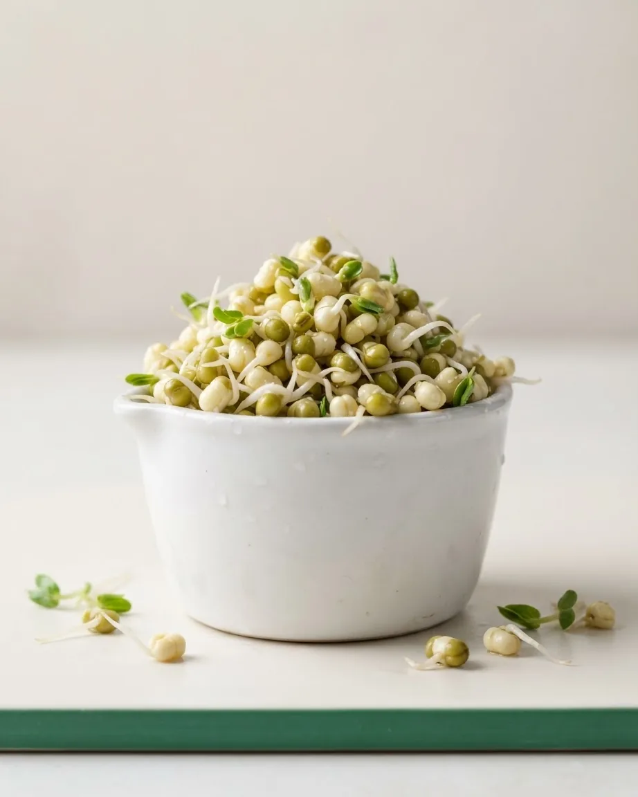 A white ceramic bowl piled with green and pale mung bean sprouts, with a few scattered on the tabletop.