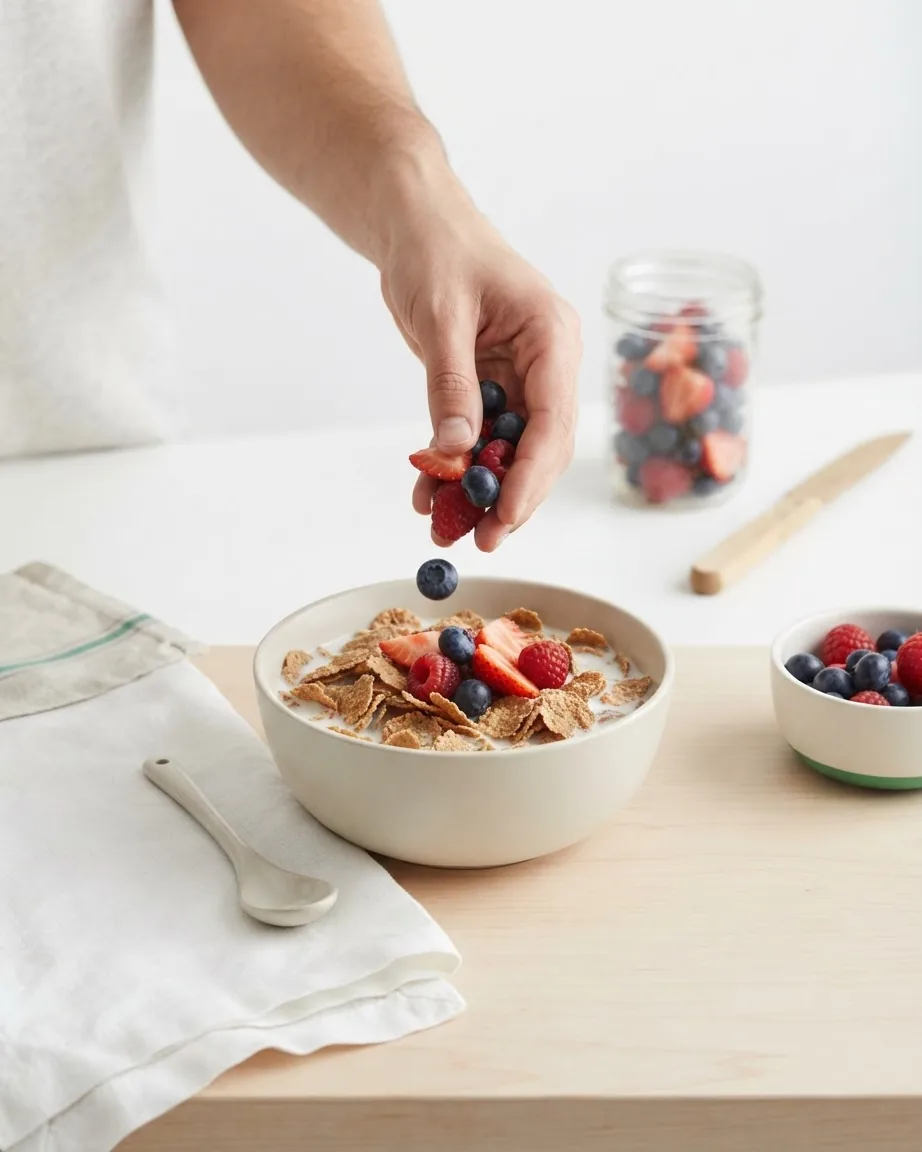 A hand drops mixed berries into a bowl of cereal with milk on a light kitchen table.