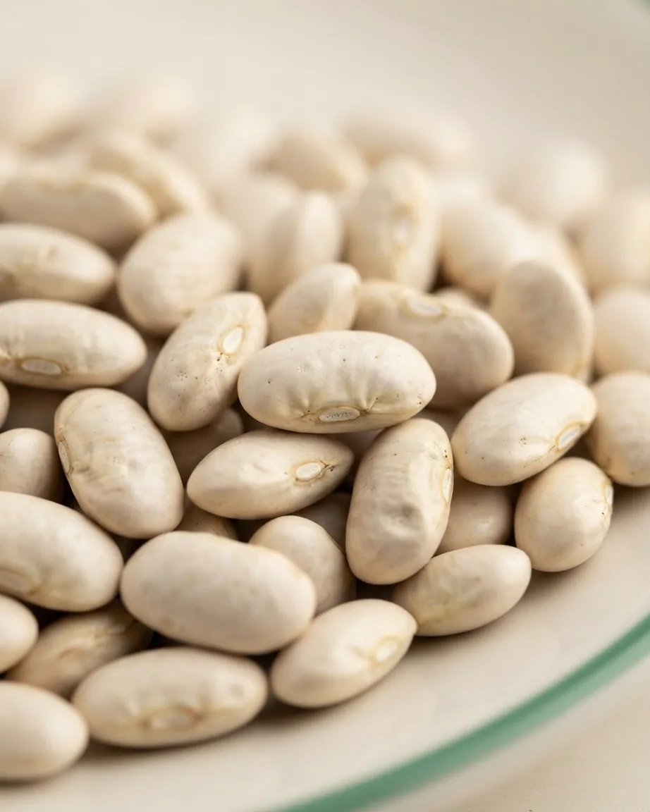 Close-up of dried ivory-white navy beans piled together on a pale plate with a green rim.