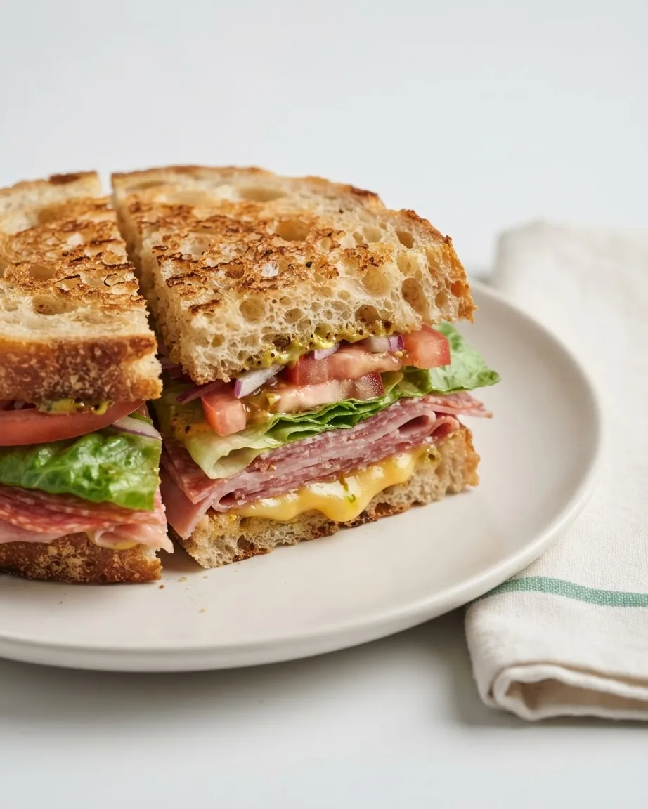 Two toasted sandwiches filled with sliced deli meats, melted cheese, lettuce, tomato, and onion on a white plate.
