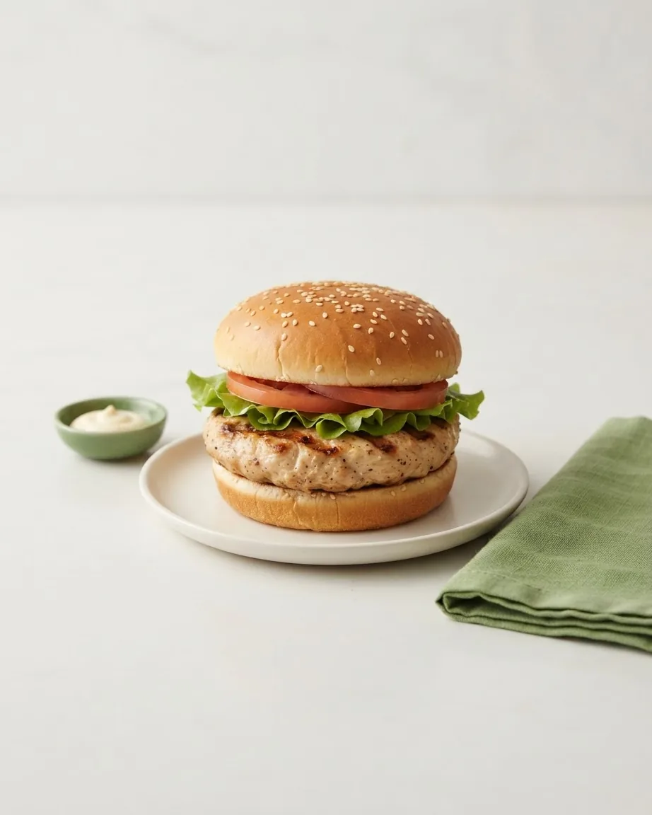 A grilled turkey burger with lettuce and tomato on a sesame bun, served on a white plate beside sauce and a green napkin.