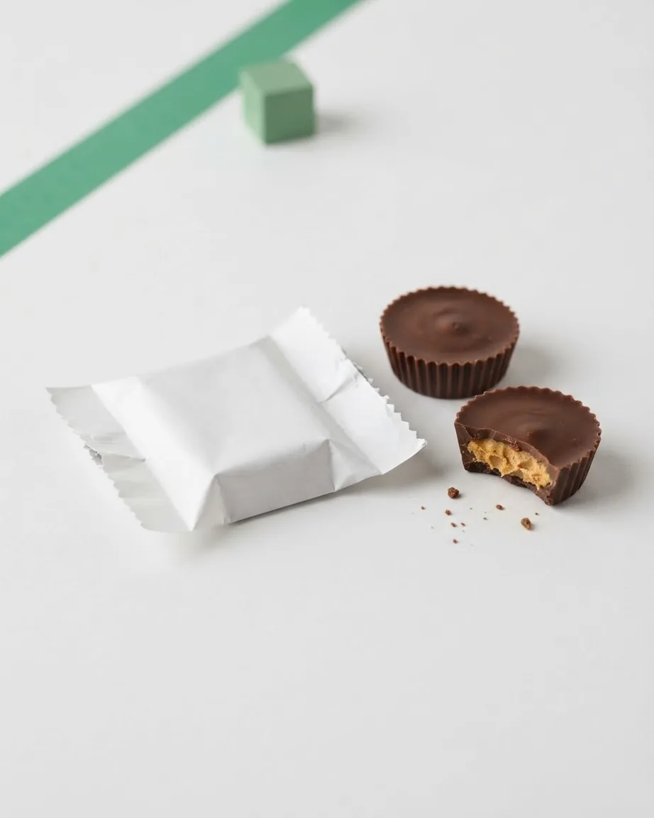 Two chocolate peanut butter cups, one bitten open, beside an unbranded white wrapper on a light surface.