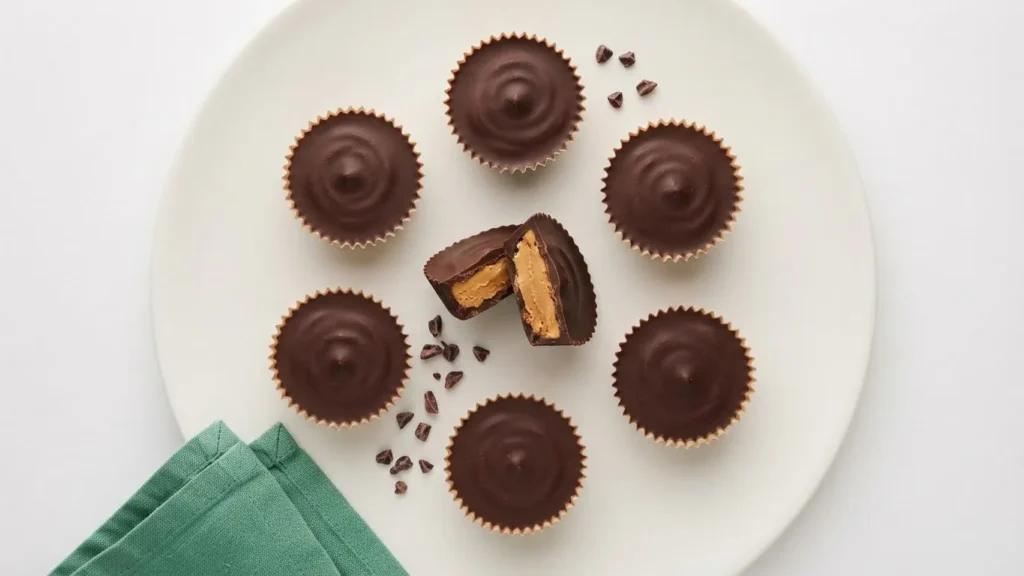 Six chocolate peanut butter cups and one cut-open cup on a white plate with chocolate crumbs and a green napkin.