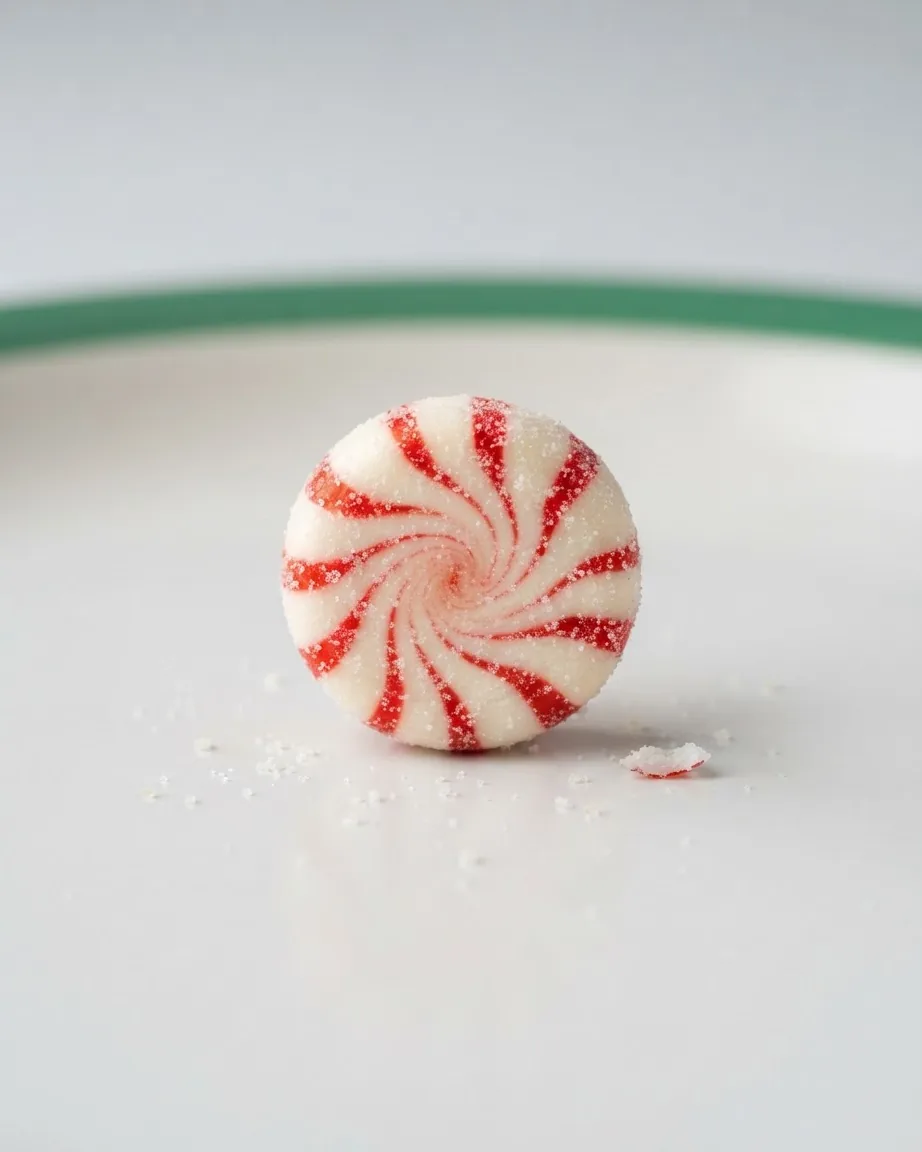 A single round red-and-white swirled peppermint candy stands upright on a white surface with scattered sugar crumbs.