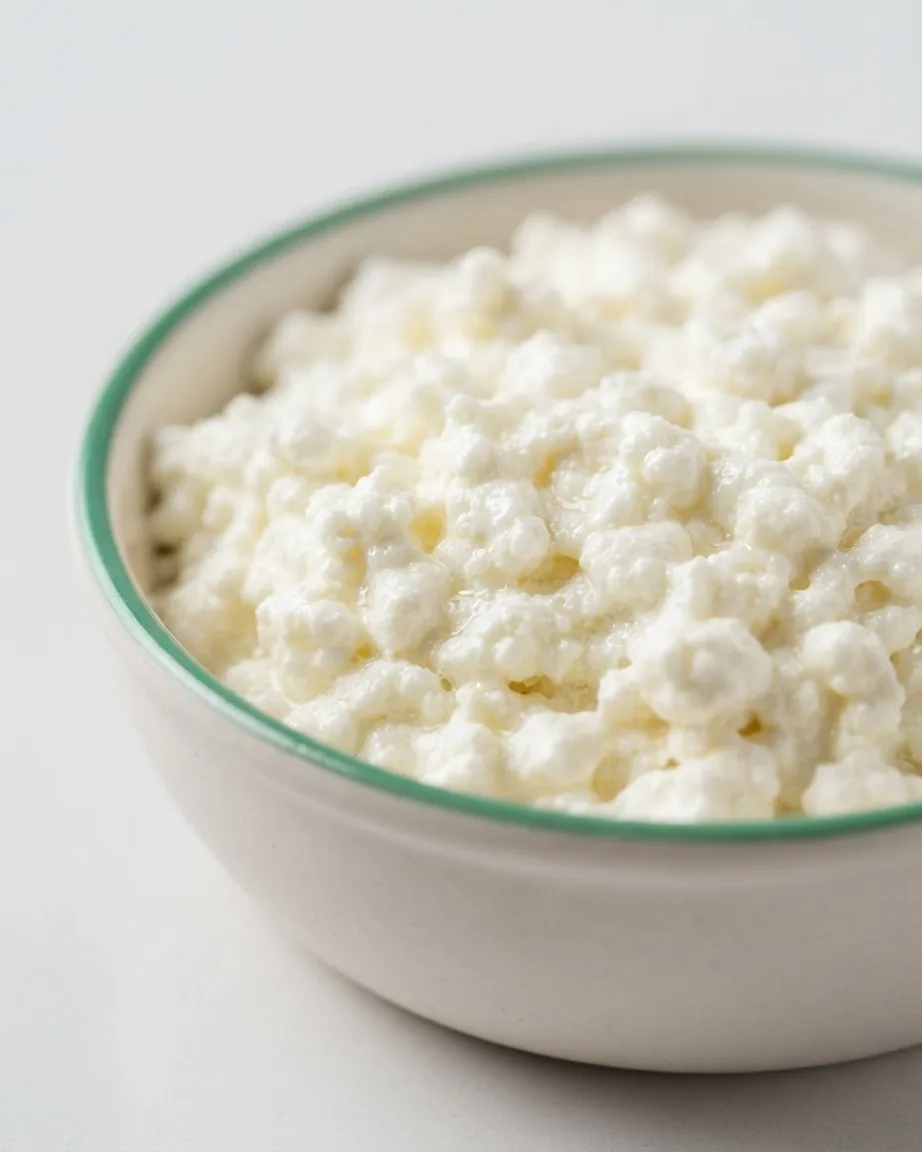 A simple ceramic bowl filled with soft, white, curd-like ricotta cheese.
