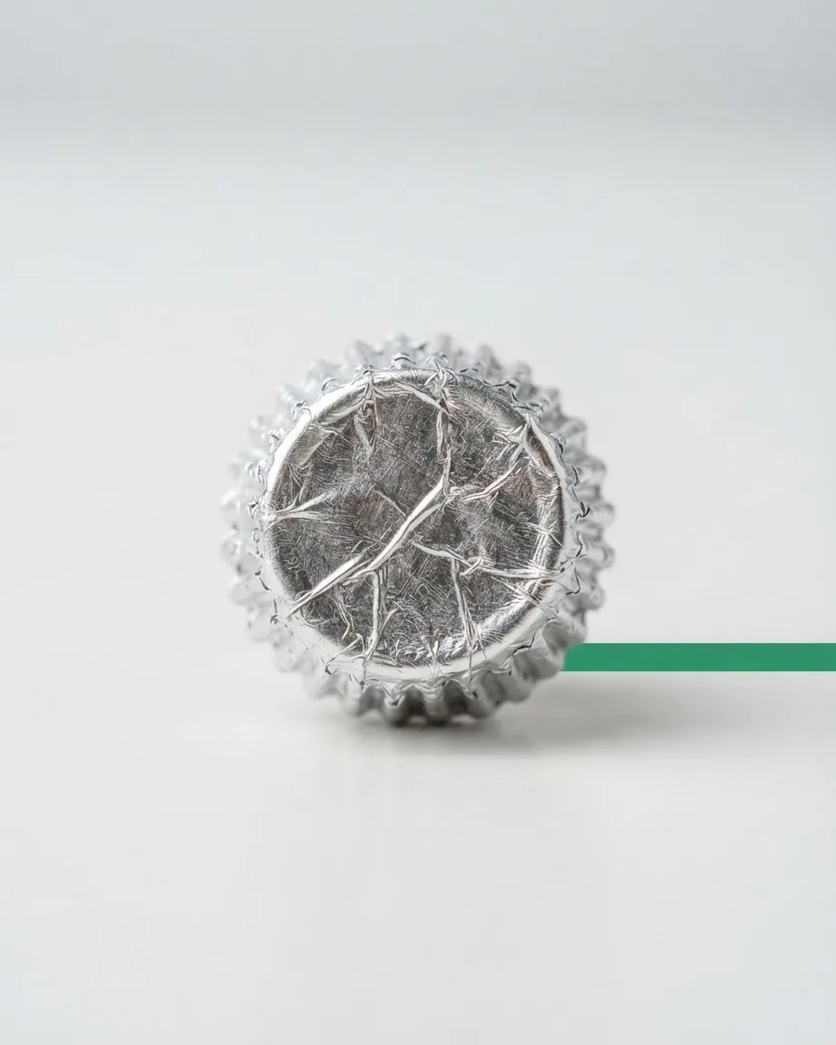 A single silver foil-wrapped miniature candy cup rests upright on a pale surface beside a green stripe.