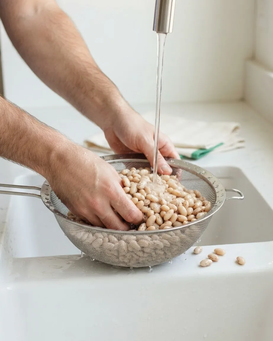 Hands rinse pale navy beans in a metal mesh colander under running tap water in a kitchen sink.