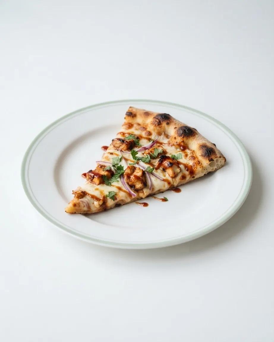 A single slice of BBQ chicken pizza with red onion, cilantro, and sauce drizzle rests on a white plate with a green rim.