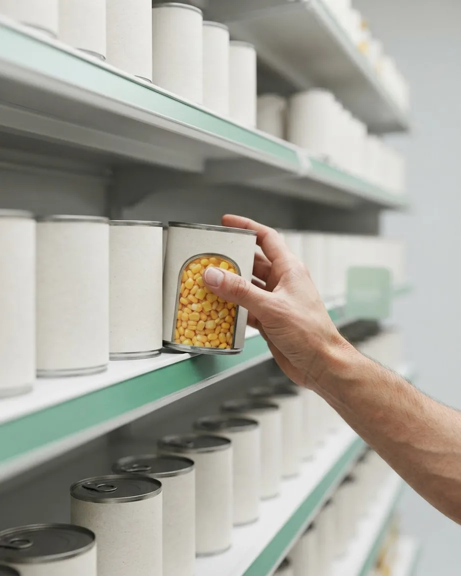 A hand grasps a can with a corn kernel illustration from a grocery shelf lined with plain cans.
