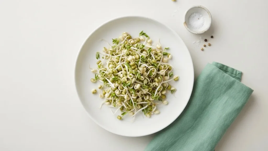 A white plate piled with fresh mung bean sprouts beside a green napkin and a small bowl of salt.
