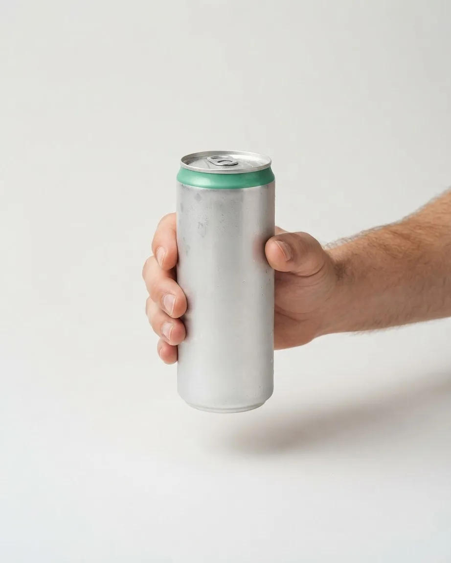 A hand holds a tall, plain silver beverage can with a green rim against a light neutral background.