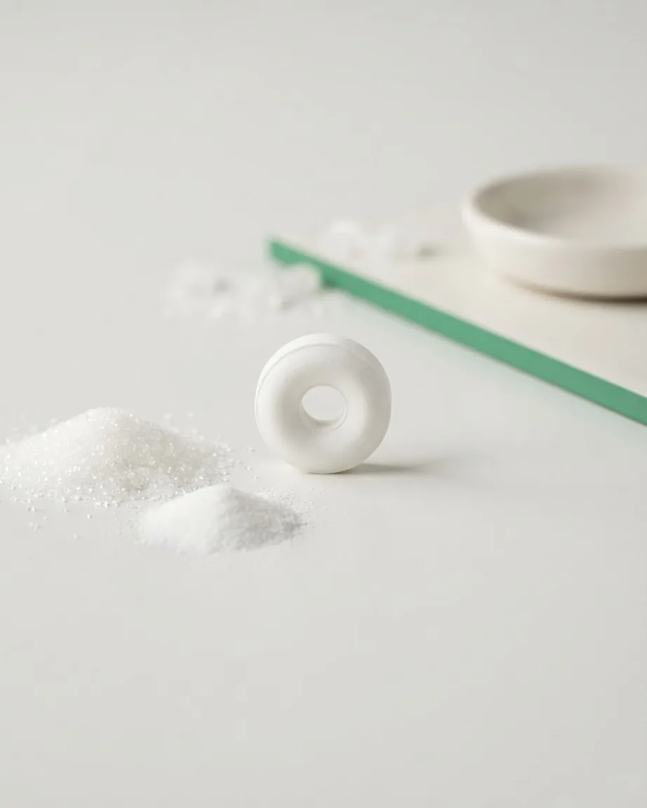 A white ring-shaped mint stands beside small piles of white crystals and powder on a pale surface.