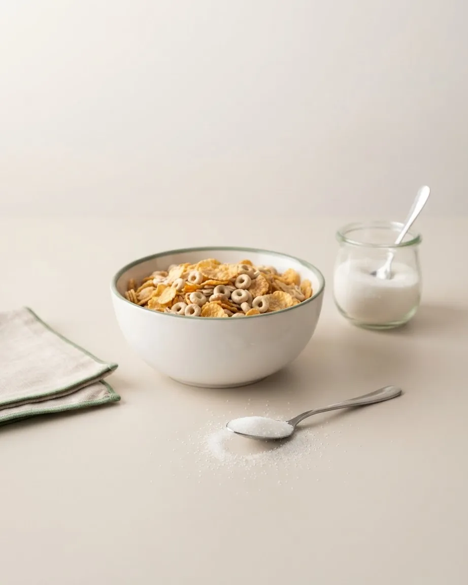 A bowl of cereal sits beside a jar of milk and a teaspoon heaped with sugar on a plain surface.