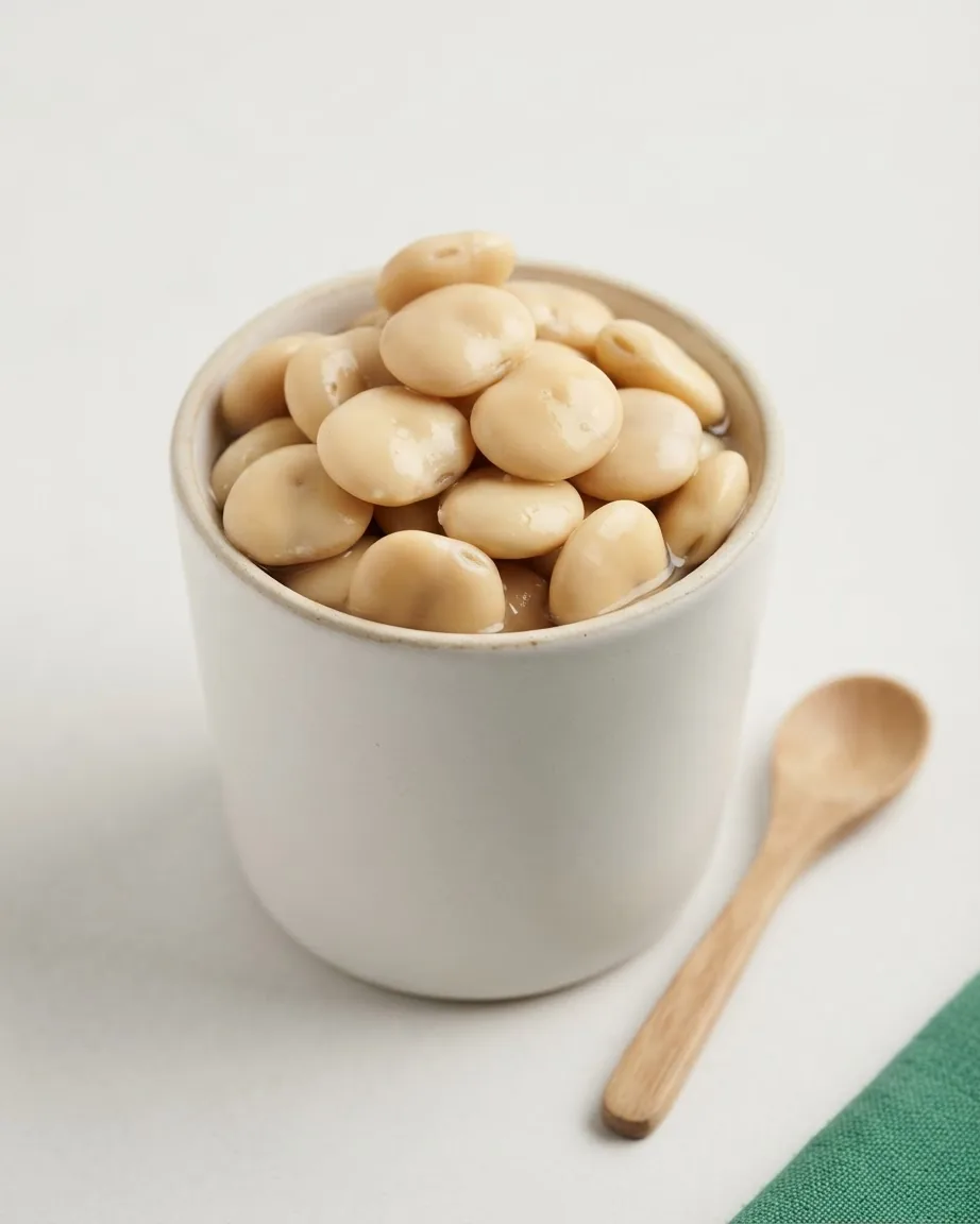 A plain ceramic cup filled with glossy pale yellow lupini beans, beside a wooden spoon and green napkin.