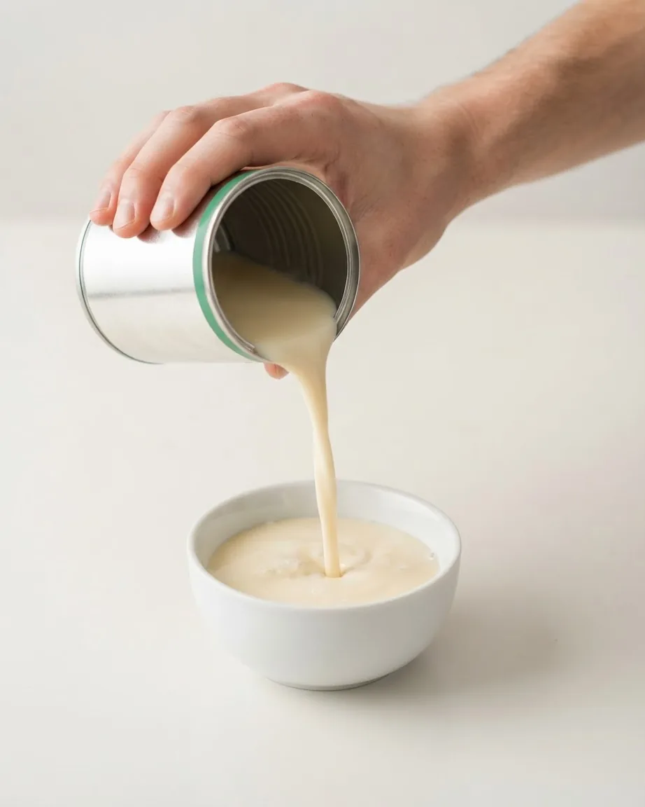 A hand tilts an unlabelled metal can, pouring creamy pale milk into a white bowl on a light countertop.