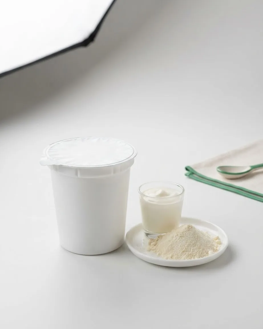 A plain white yogurt cup beside a small glass of creamy yogurt and a plate of white powder on a studio tabletop.