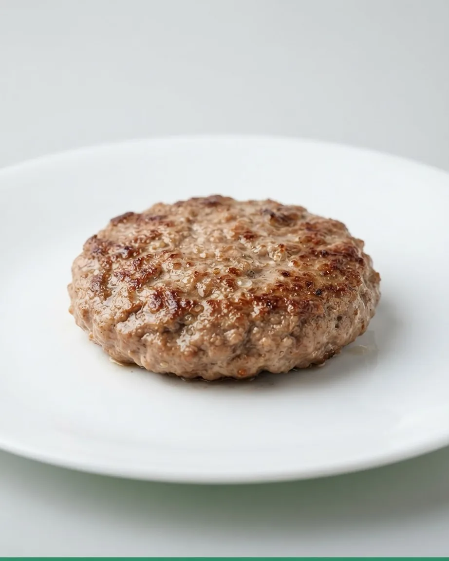 A single browned, juicy burger patty rests alone in the center of a plain white plate.
