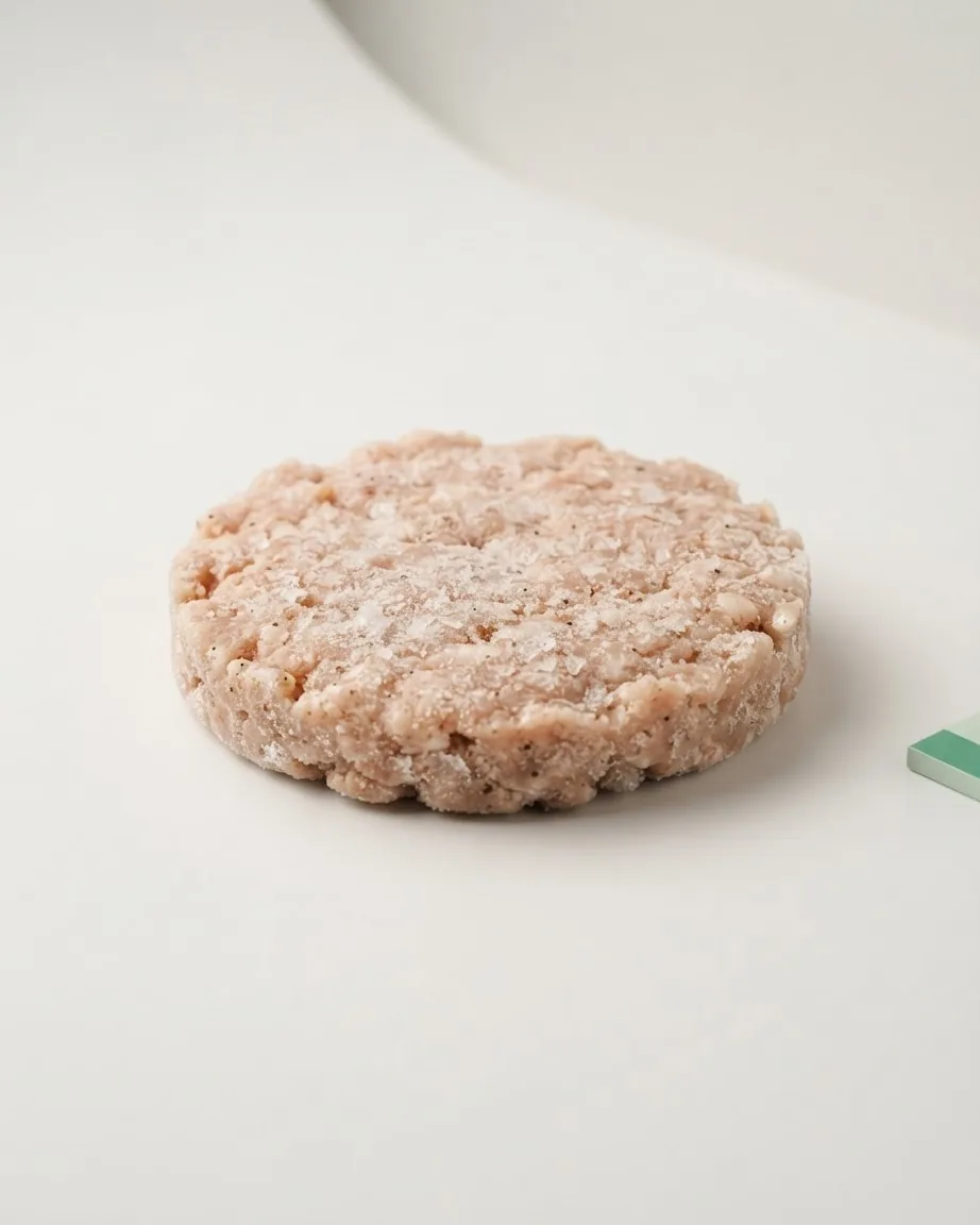 A single round, pale pink frozen turkey burger patty with visible frost rests on a smooth off-white surface.