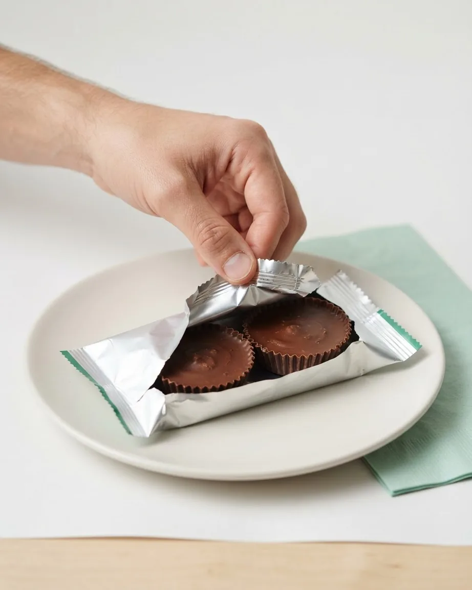 A hand peels open a silver foil wrapper to reveal two chocolate peanut butter cups on a white plate beside a green napkin.