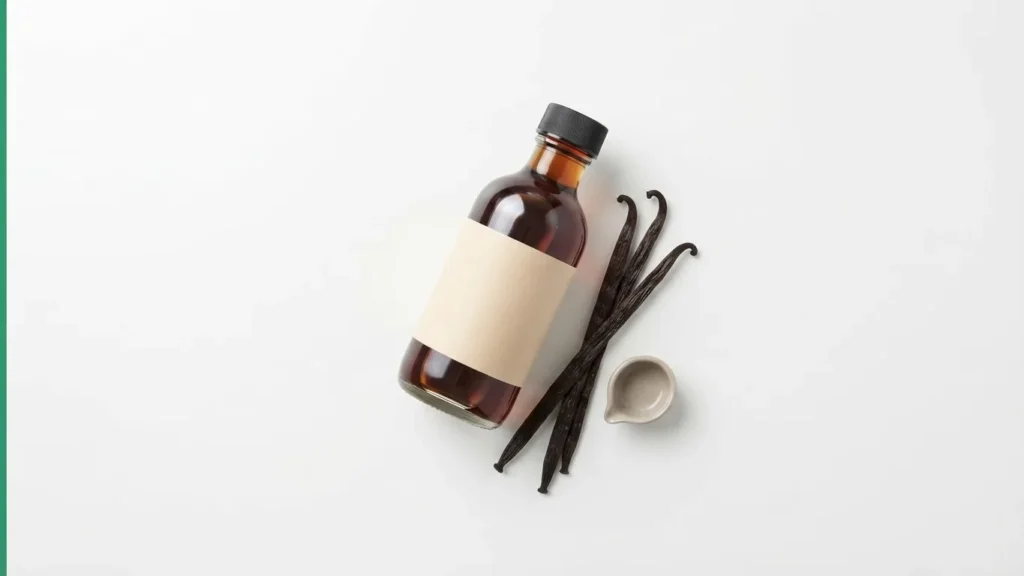 Amber glass bottle of vanilla extract with a blank cream label, vanilla pods, and a small ceramic dish on white.