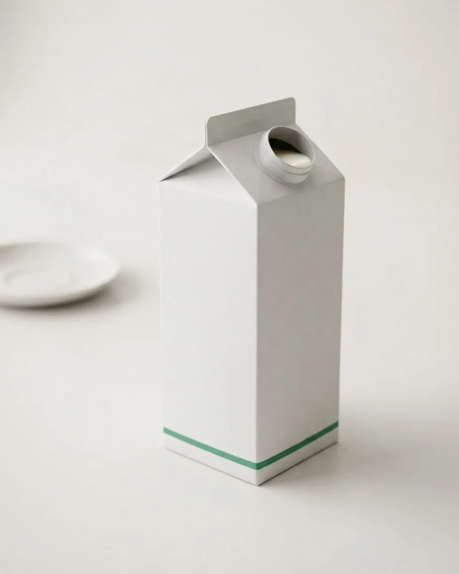A plain white milk carton with a green stripe stands on a light surface, with milk visible inside its open spout.