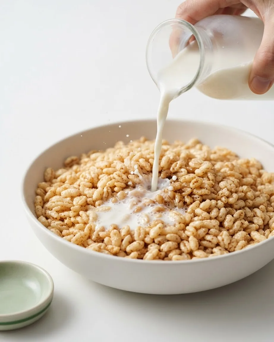 A hand pours milk from a small glass jug into a white bowl filled with puffed rice cereal.