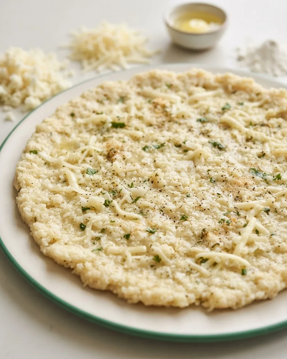 A round cauliflower crust topped with shredded cheese, herbs, and black pepper on a white plate with a green rim.
