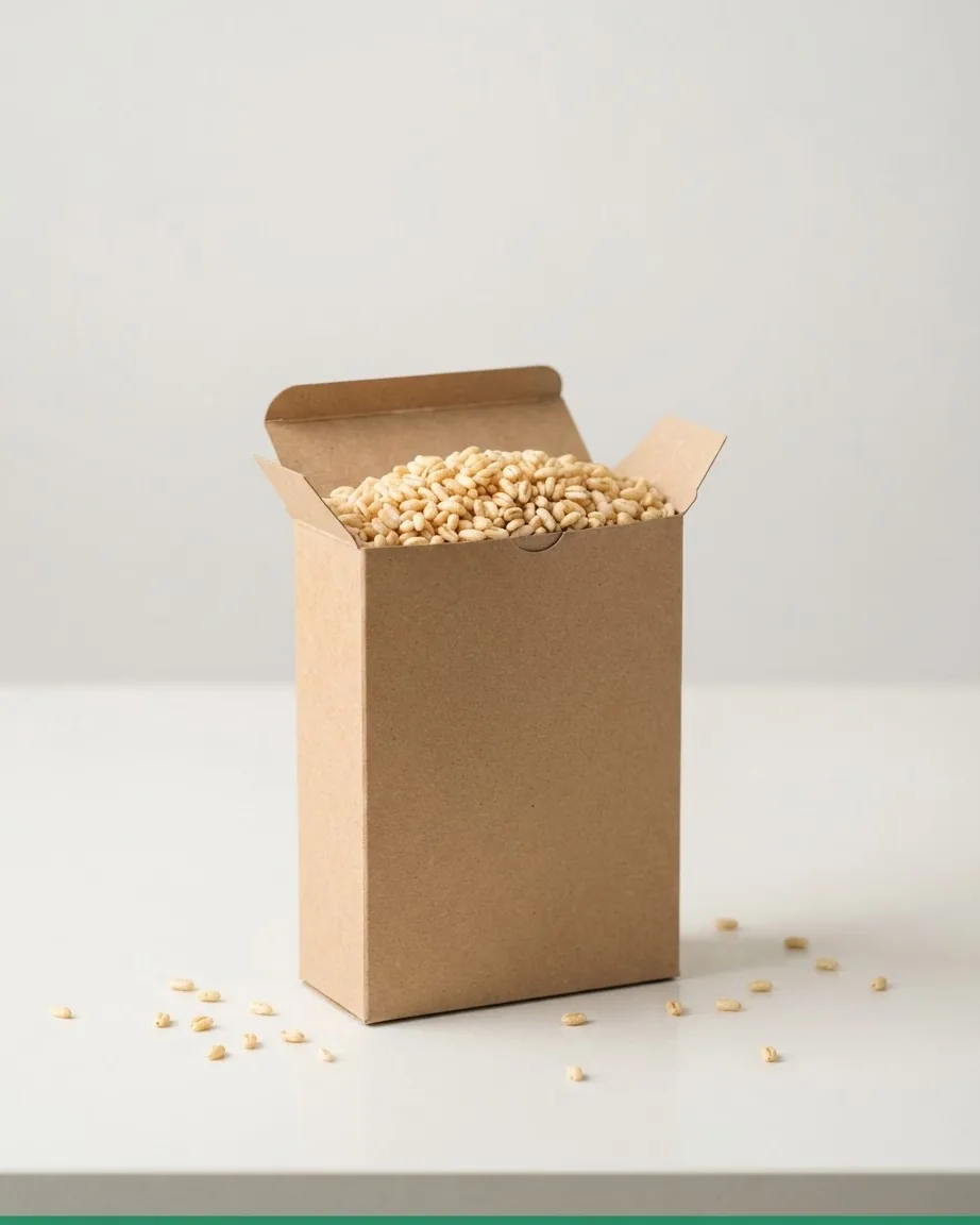 An open plain cardboard box filled with puffed rice cereal, with scattered grains on a light surface.