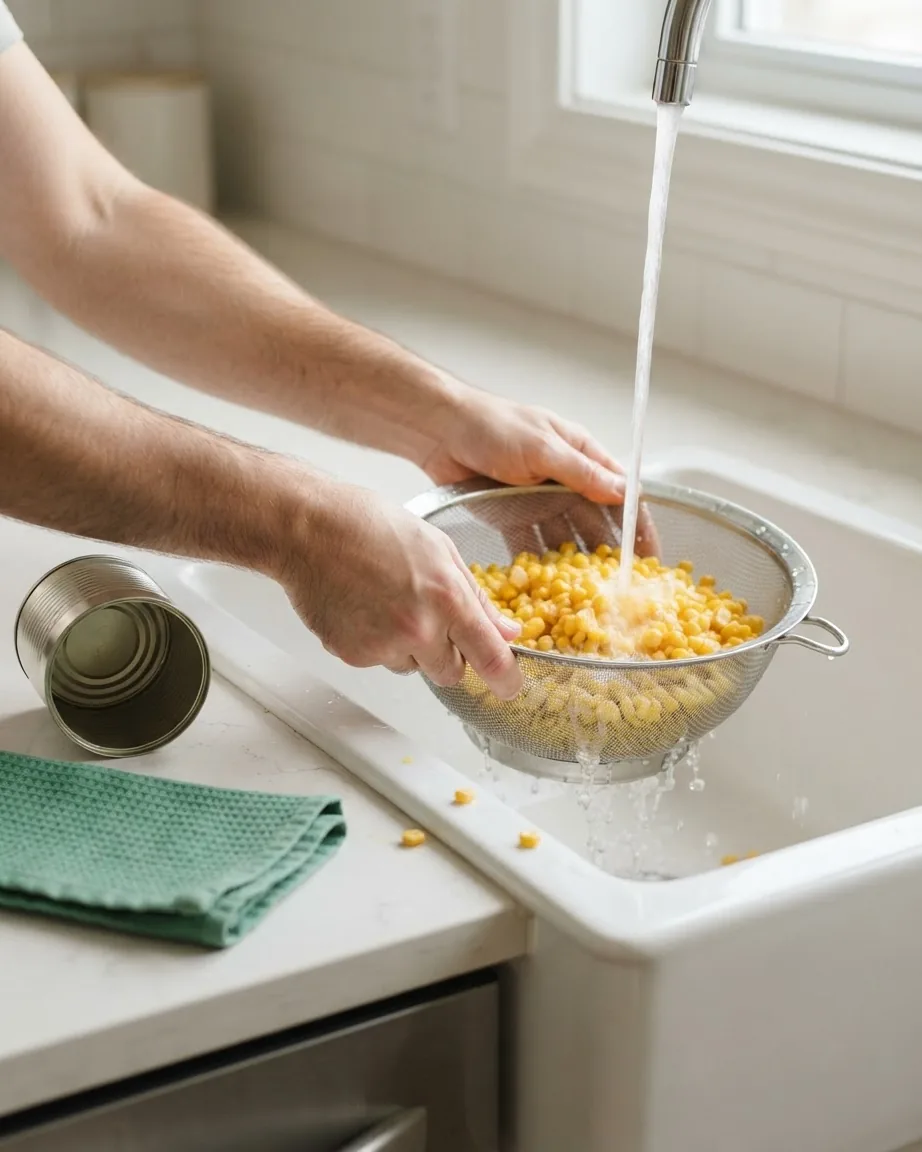 Hands hold a metal colander of yellow corn kernels under running tap water over a kitchen sink, beside an empty can.