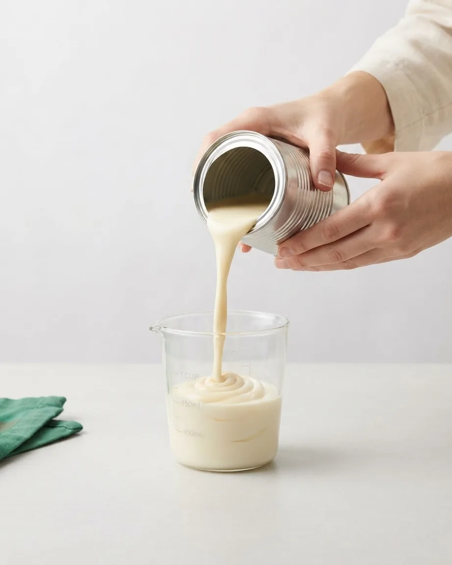 Hands pour thick, pale cream-colored milk from an unbranded metal can into a clear measuring beaker on a white counter.