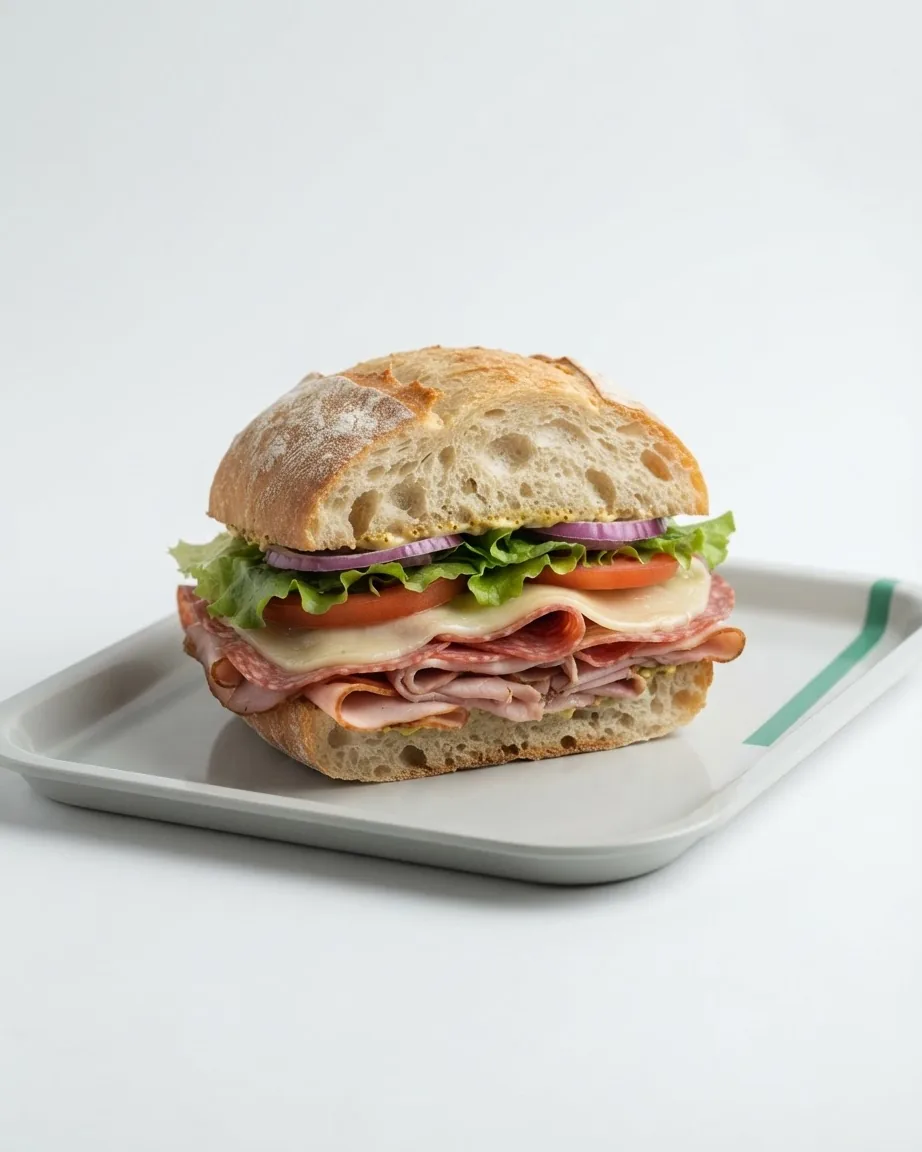 A thick deli sandwich with layered meats, cheese, lettuce, tomato and red onion sits on a plain white tray.