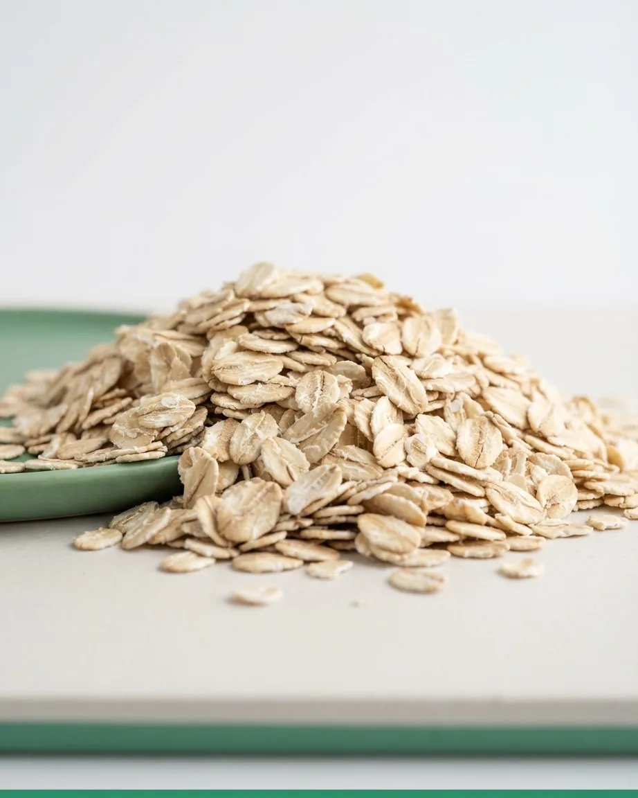 A loose mound of dry rolled oats spilling from a pale green dish onto a light-colored surface.
