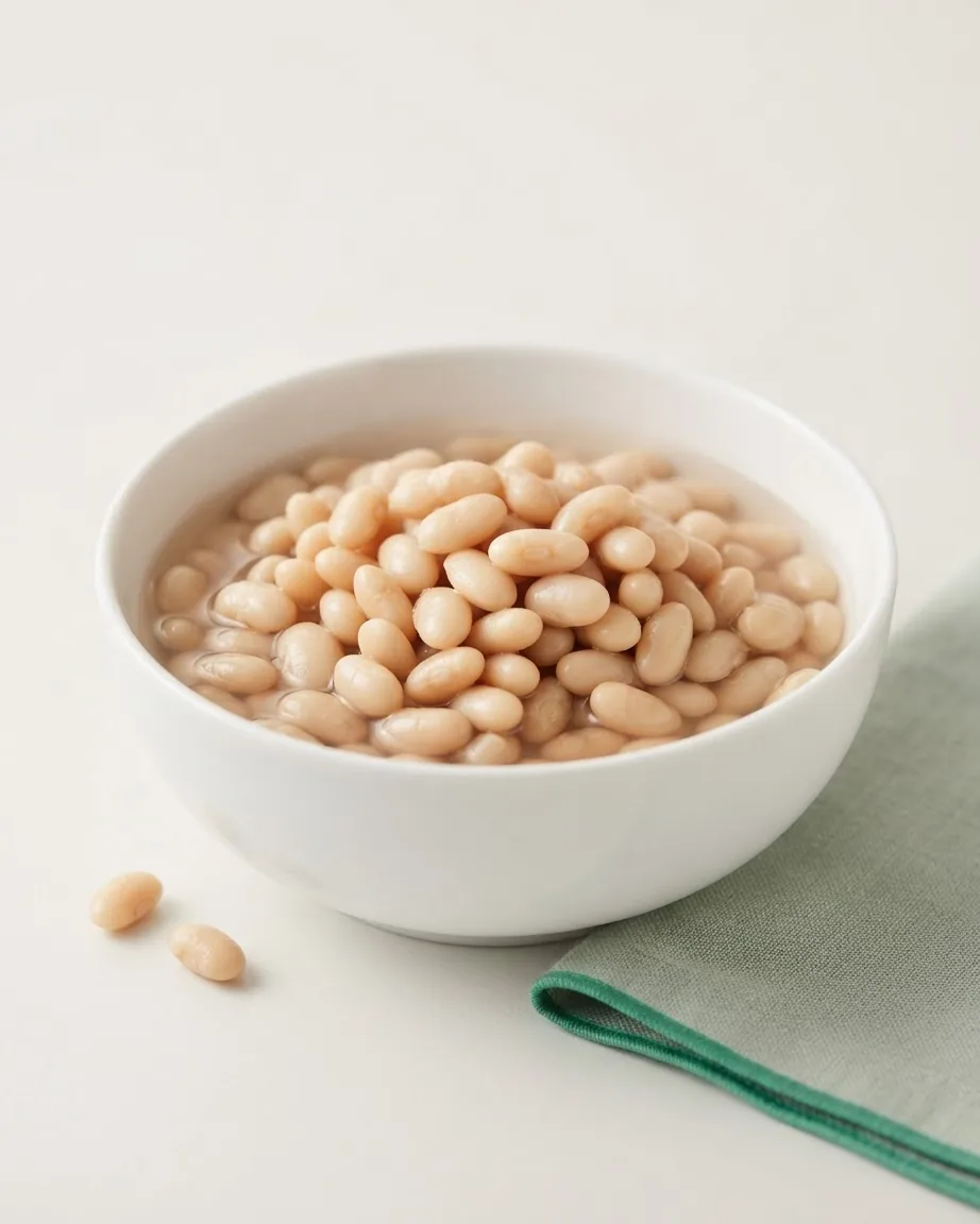 A white ceramic bowl filled with pale cooked beans in liquid, beside a folded green napkin and two loose beans.