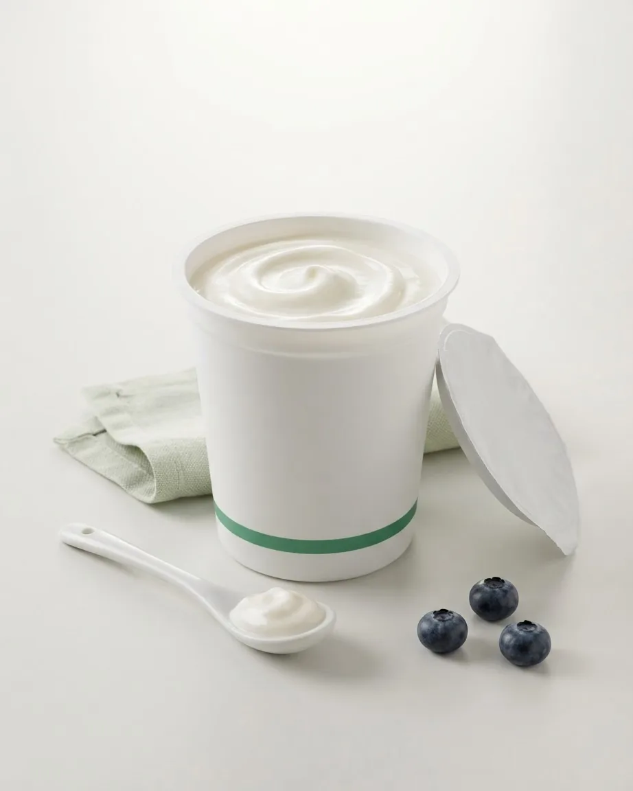 Open white tub of creamy yogurt with a peeled-back lid, a spoonful of yogurt, a folded napkin, and three blueberries.