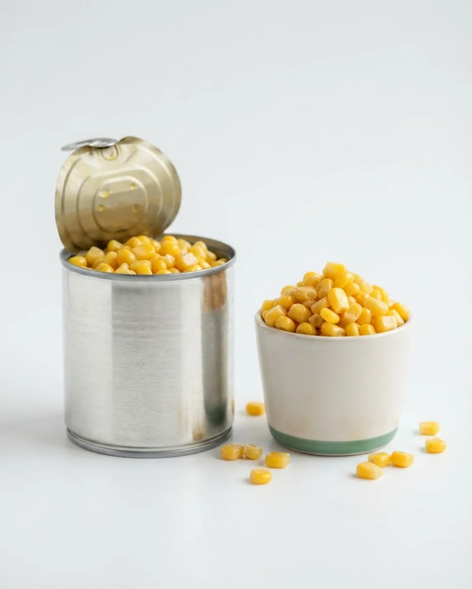 An opened metal can of sweet corn beside a white cup filled with yellow kernels, with a few scattered on the surface.