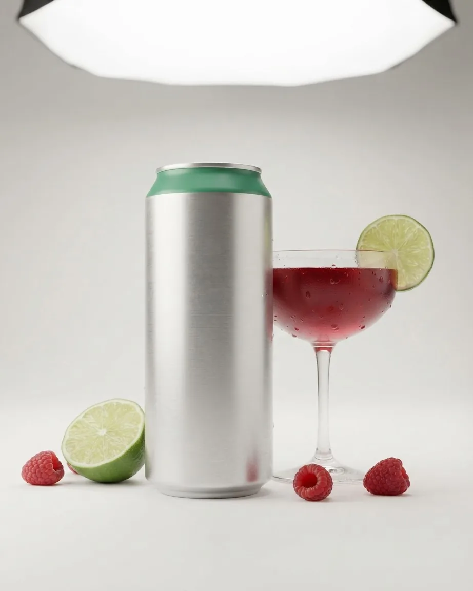 A blank silver can beside a glass of red cocktail garnished with lime, with raspberries and cut lime on a white surface.